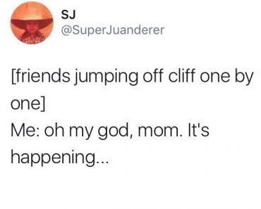 funny tweet about friends jumping off cliff by superjuanderer