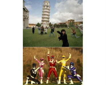 funny pic of people posing with leaning tower of pisa look like power rangers