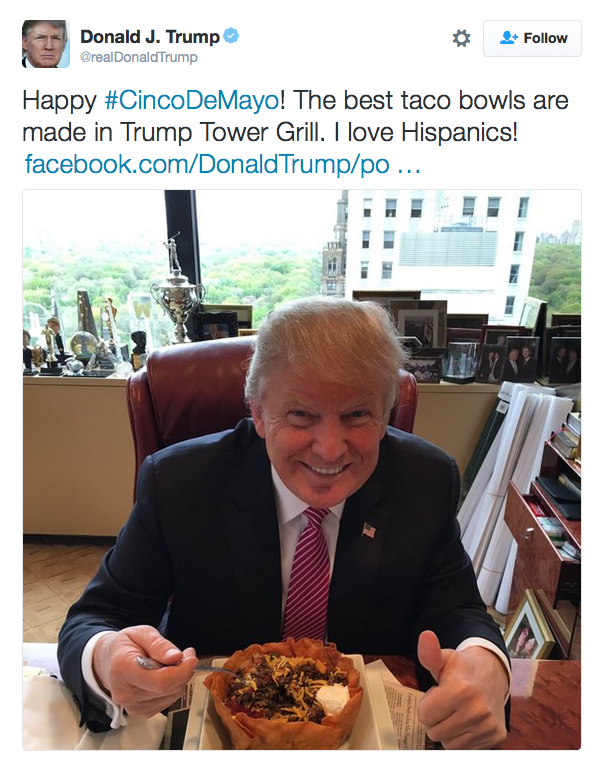 donald trump, taco bowl, donald trump twitter, donald trump tweet, donald trupm tweets, donald trump taco bowl tweet, donald trump i love hispanics tweet, donald trump i love hispanics, donald trump taco bowl