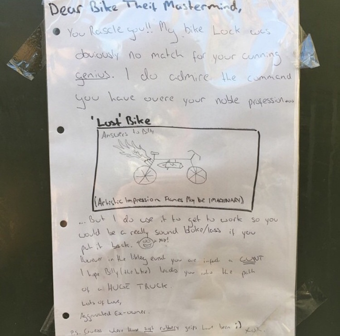 A Bike Theft Victim Posted This Very Awesome Letter To The Bike Thief