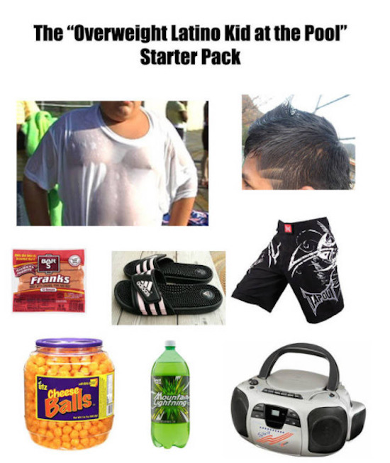 overweight latino kid at pool starter pack, overweight kid at pool starter pack meme, funny kid at swimming pool starter pack meme