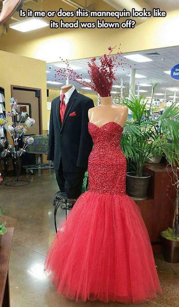 funny pic of a mannequin that looks like its head was blown off