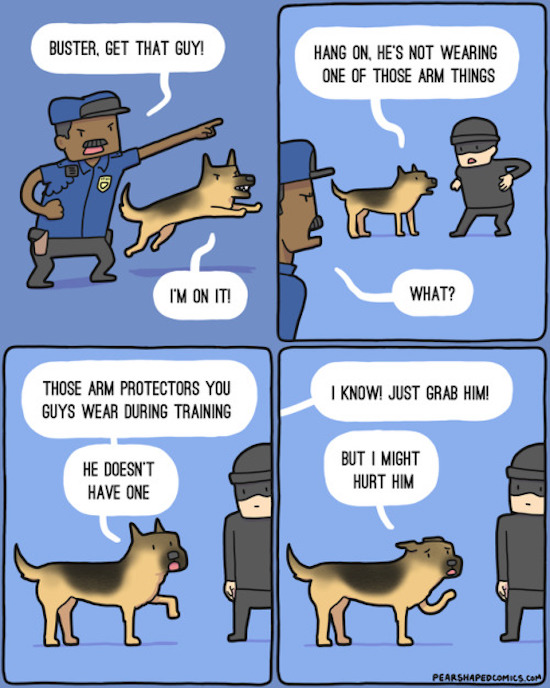 funny picture of attack dog training comic by pear shaped comics