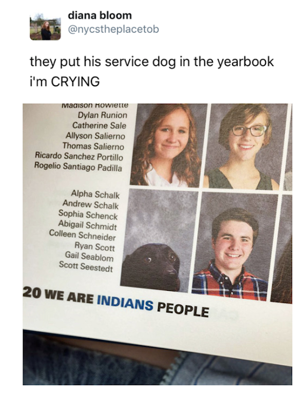 funny photo of service dog in yearbook photo