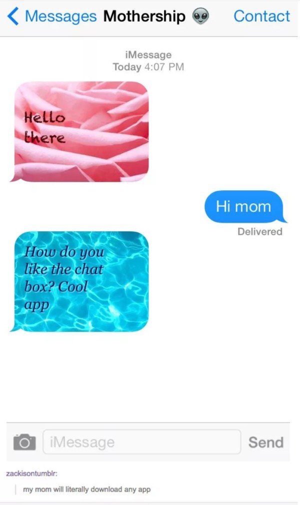 funny picture of text from mom that says she found a cool app