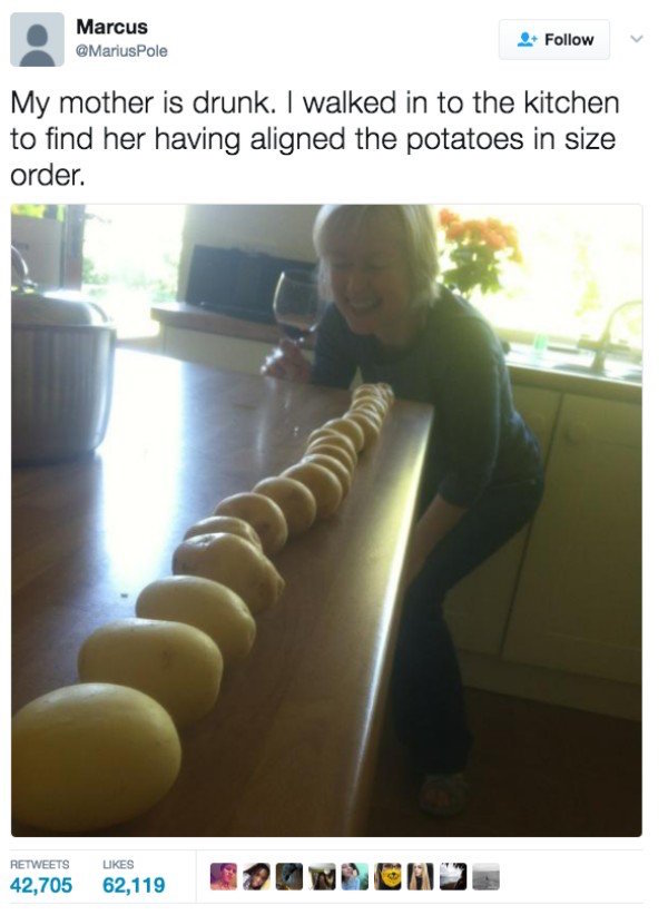 funny photo of drunk mom aligning potatoes by size