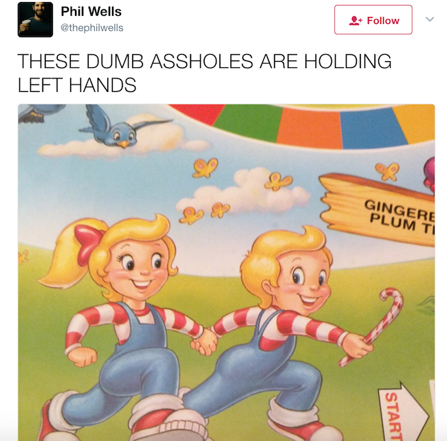 funny photo of dumb assholes holding left hands in candyland tweet