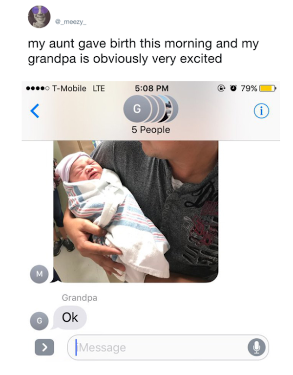 hilarious photo of grandpa is not impressed by baby text 