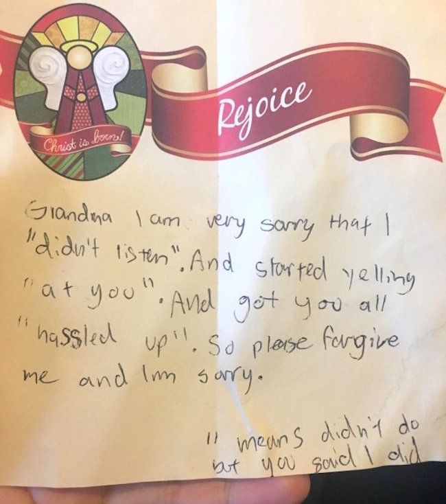funny photo of kid's apology letter to grandma, quotes are things you said I did but I didn't