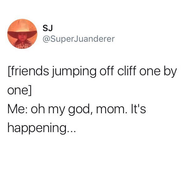 funny tweet about friends jumping off cliff by superjuanderer
