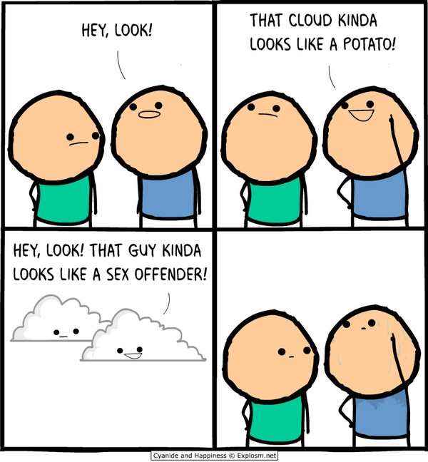 silly picture of comic by cyanide and happines about cloud saying looks like a sex offender