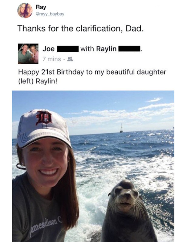 silly picture of dad clarifies that daughter is not sea lion