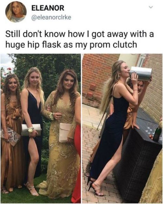 funny picture of girl used a giant hip flask as a clutch at prom