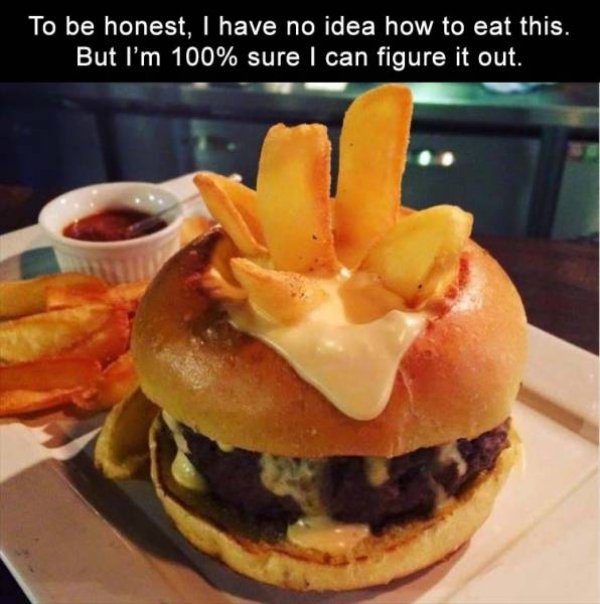 funny photo of burger with fries in it not sure how to eat it 