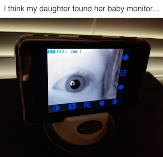 silly pictures of daughter found baby monitor, baby eye in baby monitor camera