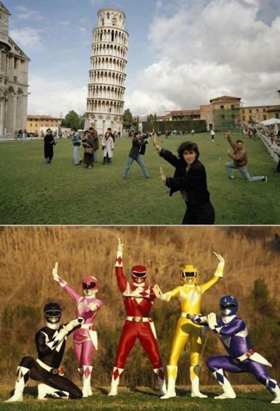 funny pic of people posing with leaning tower of pisa look like power rangers