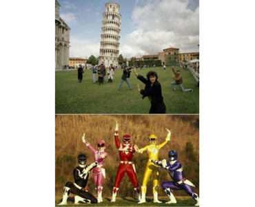 funny pic of people posing with leaning tower of pisa look like power rangers
