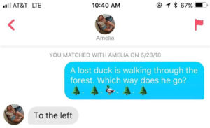 Tinder, tinder match, tinder pickup lines, tinder opening lines, tinder conversations, tinder chats, best tinder pickup lines, most creative pickup lines on tinder, duck story, guy uses duck story to get girl’s number on tinder, tinder duck story, duck adventure, choose your own adventure, pickup lines, clever pickup lines, trending story, trending tinder story, best tinder moments, Bored Panda, trending tweets, memes, funny true stories, dating life, Amelia, reddit, reddit story, viral on reddit, trending on reddit, duck guy,