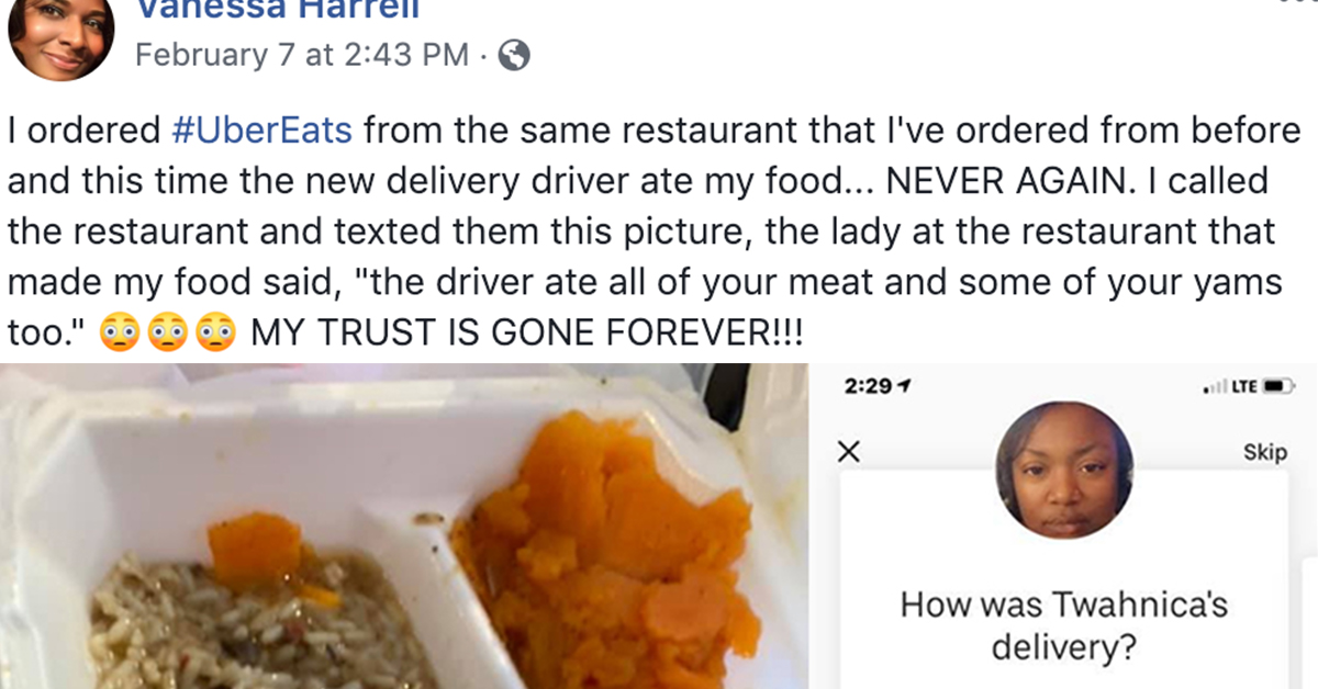 Womanu0027s Post About Uber Eats Driver Eating Half Her Food Has Gone 