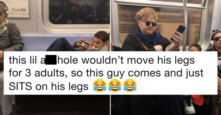 Bratty Kid Refuses To Move His Legs On The Subway So A Guy Sits Down On Them