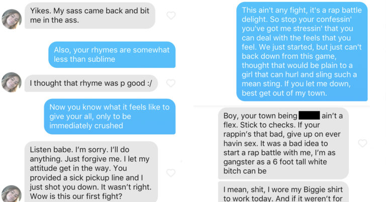 Tinder Dude Tries To Turn Bad Pickup Line Into A Flirty Rap Battle, Painfully Discovers He’s No Match For His Date