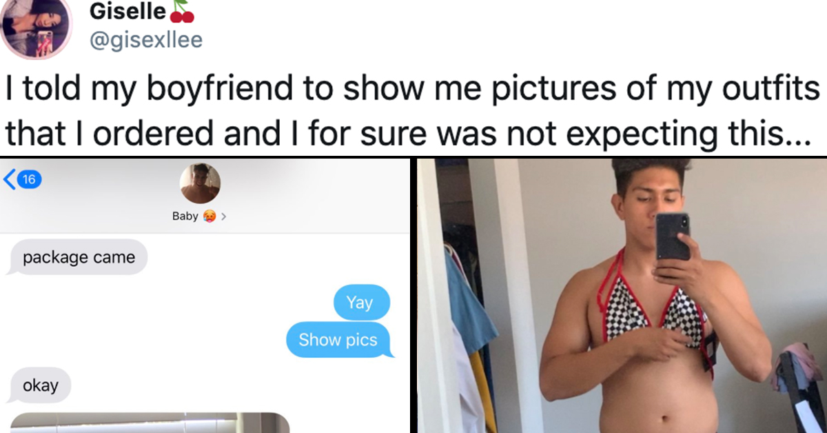 boyfriend tries on girlfriend's clothes