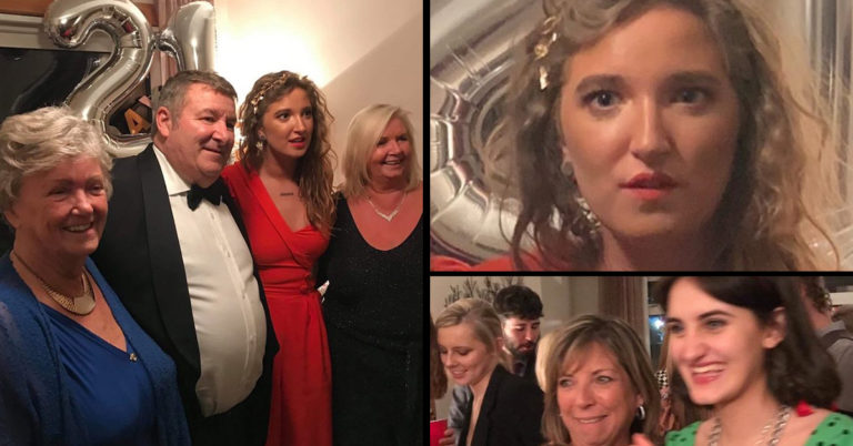 Girl Realizes Her Coke Bag Is Stuck To Her Phone Right As Photo Is Taken With Her Parents