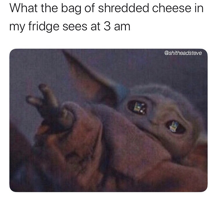 bag of shredded cheese baby yoda meme, funny shredded cheese baby yoda meme