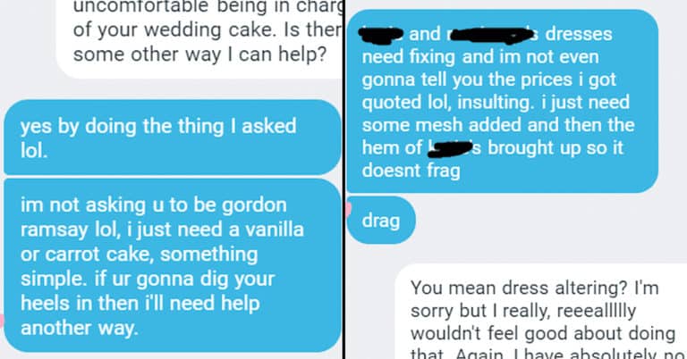 Woman Shares Texts From Aunt Asking To Bake Her Wedding Cake, Alter Her Dress, And Do Her Seating Plan