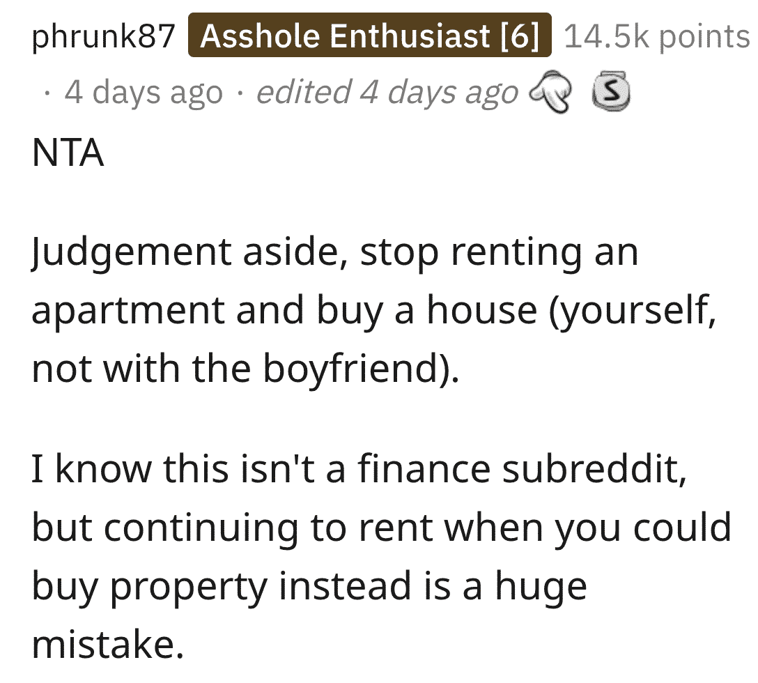 aita inheritance split rent with boyfriend