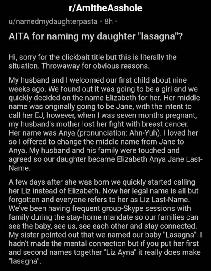 Mom Asks For Advice Because Her Baby S Name Sounds Like Lasagna