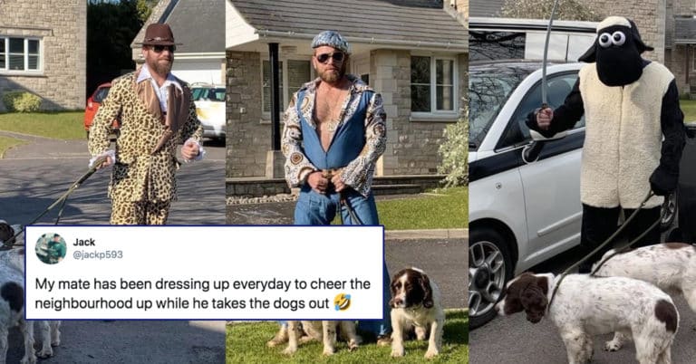 costumes quarantine, guy wears costumes to walk dog