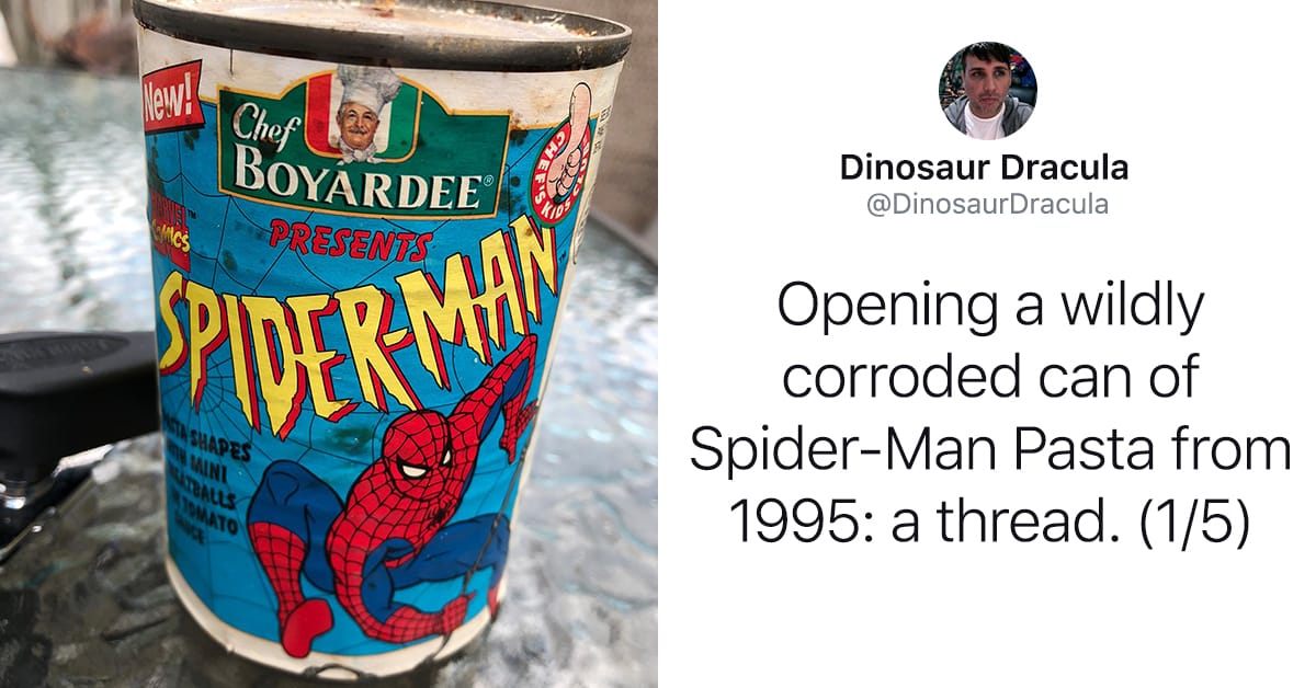 25 year old can of spider man pasta