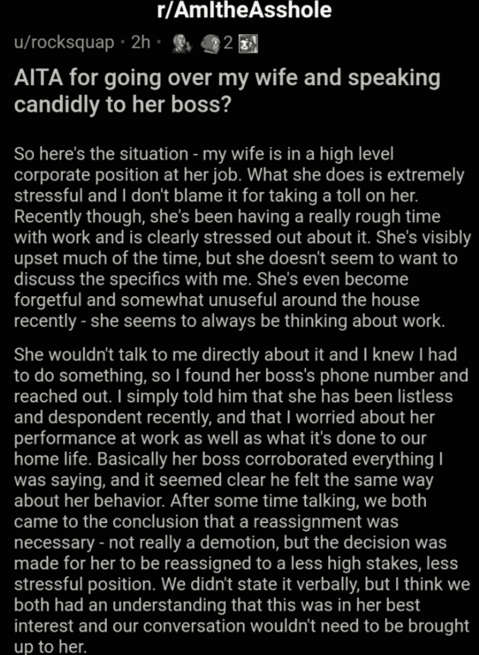 aita talk to wife's boss behind her back, aita got wife demoted at work, 