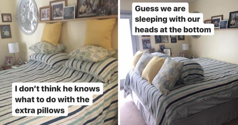 Wife Shares Husband’s Attempts To Make The Bed After Doing It Herself For Over 40 Years (10 Pics)