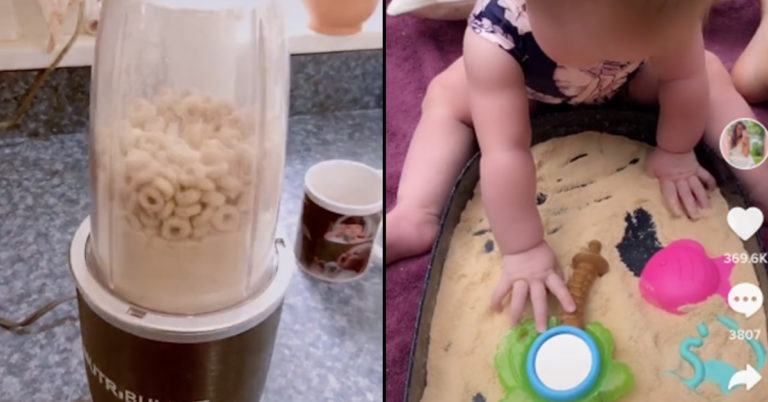 Mom Shares Her Technique For Making Edible Cheerio “Sand” For Her Baby To Play With