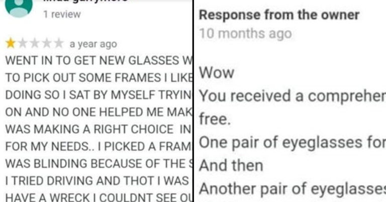 choosing beggars eyeglasses store, choosing beggars glasses store, choosing beggars free glasses, choosing beggars glasses, choosing beggars story, man leaves one star review after getting free stuff, man leaves one star review after getting free glasses, man leaves bad review after getting free stuff, man leaves bad review after getting free glasses