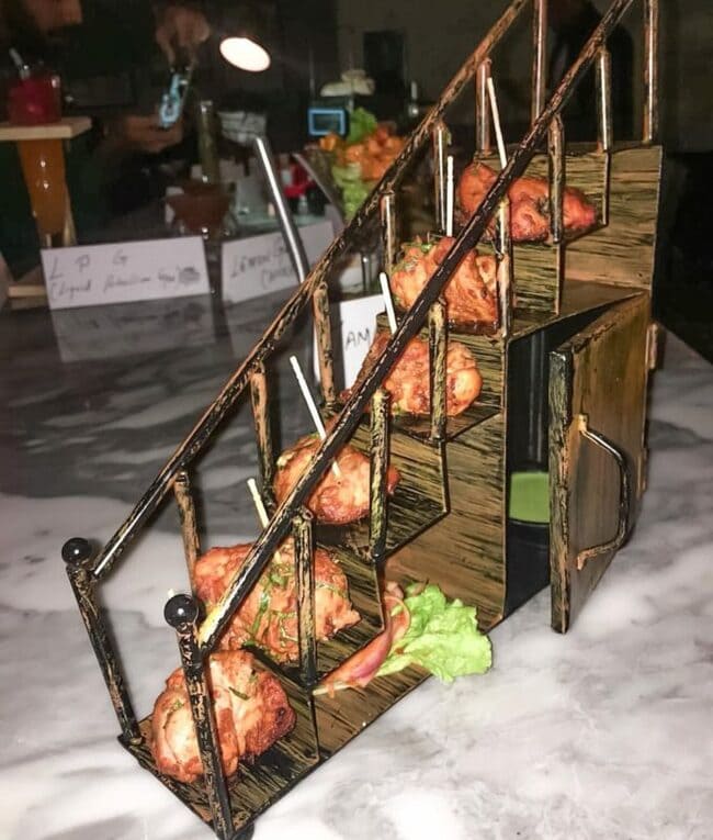 meat served on mini staircase, meat served on tiny staircase, appetizer served on tiny staircase, appetizer tiny staircase, appetizer mini staircase, appetizer small staircase, appetizer served on mini staircase