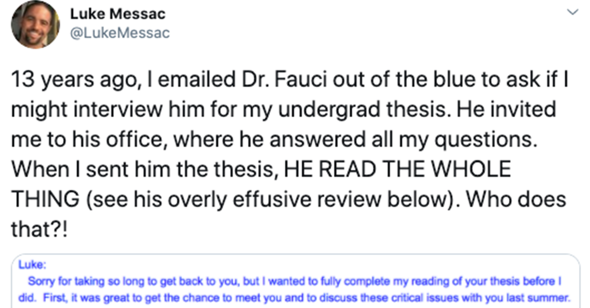 Dr. Fauci Email To Undergrad Surfaces, Validating What A Nice Guy He Is