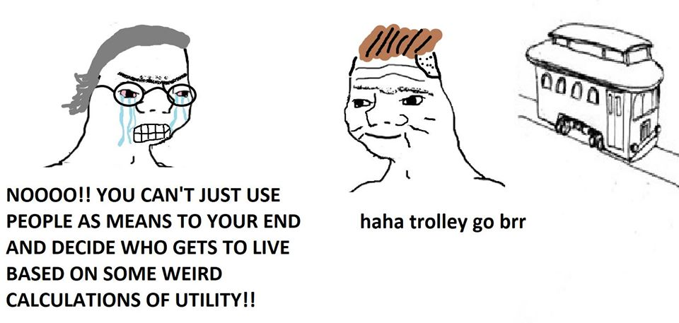 anti utilitarianism meme, utilitarianism meme, utilitarian trolley problem meme