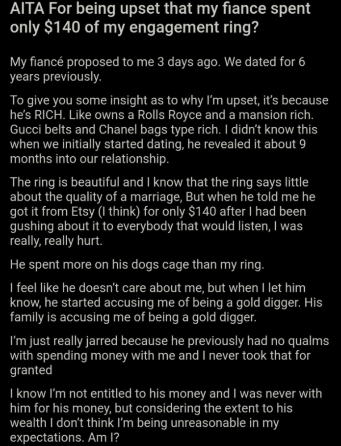 AITA For being upset that my fiance spent only $140 of my engagement ring?, aita 140 dollar engagement ring, aita $140 engagement ring, rich fiance spent only 140 on engagement ring, rich fiance only spent 140 on engagement ring, rich fiance bought $140 engagement ring, aita being upset my rich fiance only spent 140 on my engagement ring, aita rich fiance, aita fiance only spent 140 on engagement ring, fiance only spent 140 on engagement ring, aita 140 engagement ring, aita $140 engagement ring, aita rich fiance buys cheap engagement ring, rich fiance buys cheap engagement ring, aita cheap engagement ring, aita engagement ring, aita engagement ring story, aita ring story
