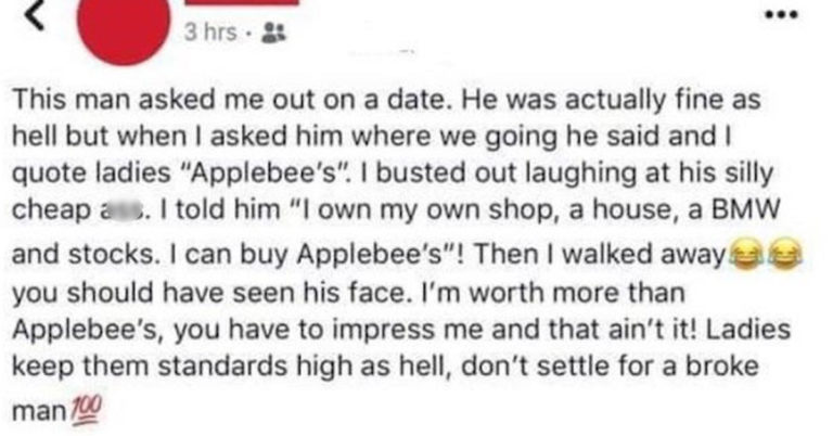 Woman Lit Up For FB Post Belittling Date For Wanting To Take Her To Applebee’s