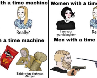 woman with a time machine meme, Time Travel: Is Invented / Men With a Time Machine meme