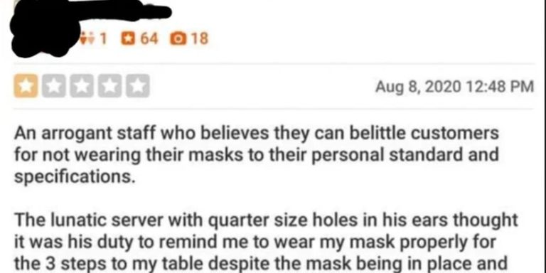 Restaurant Owner Roasts Anti-Masker Who Left 1-Star Review For Being Told To Wear A Mask Properly