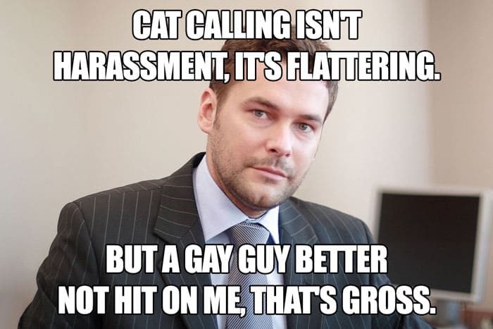 cat calling feminist meme, cat calling isn't harassment feminist meme, gay guy feminist meme, gay guy hitting on me feminist meme