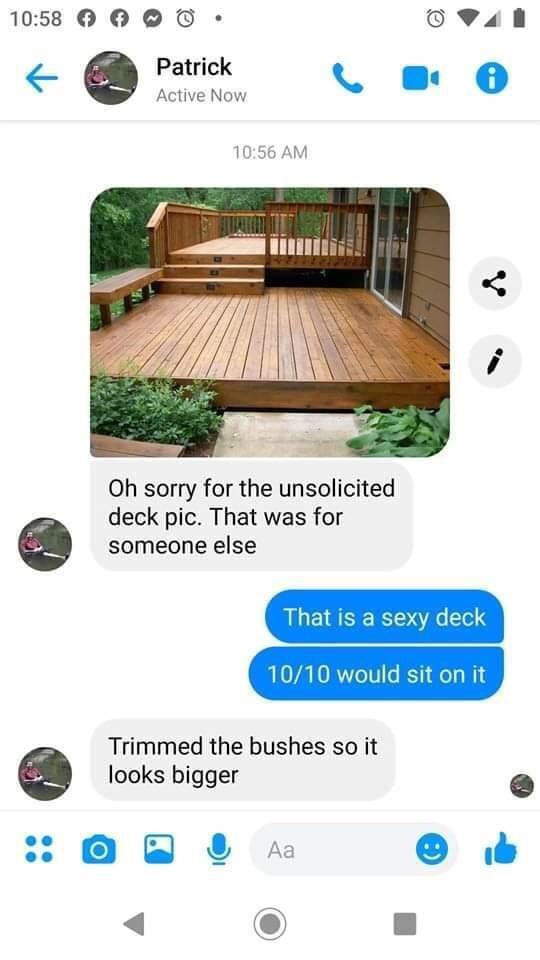 funny facebook status about unsolicited deck pic