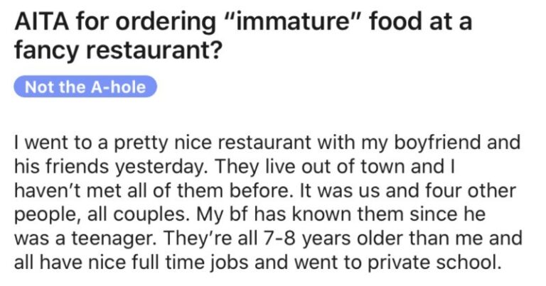 Boyfriend Tells Girlfriend She Embarrassed Him Ordering “Immature, Little Kid Food” In Front Of His Friends