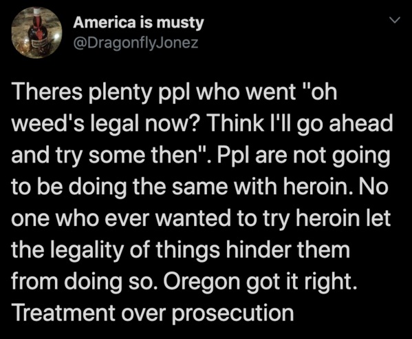 Funny tweet about legal drugs treatment over prosecution