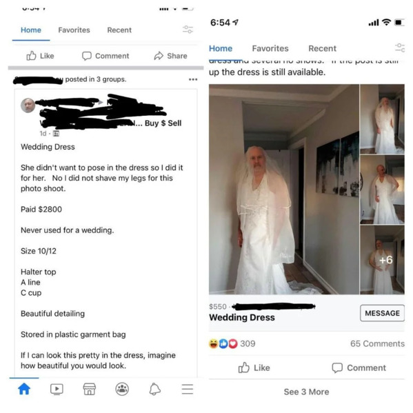 Man in wedding dress, status says the dress is for sale, never used for a wedding, Funny Facebook status