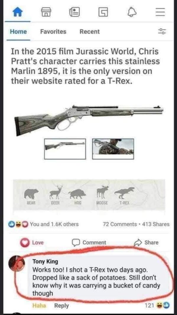 Jurassic Park gun story that ends with a joke about shooting a kid in a T Rex outfit, Funny Facebook status